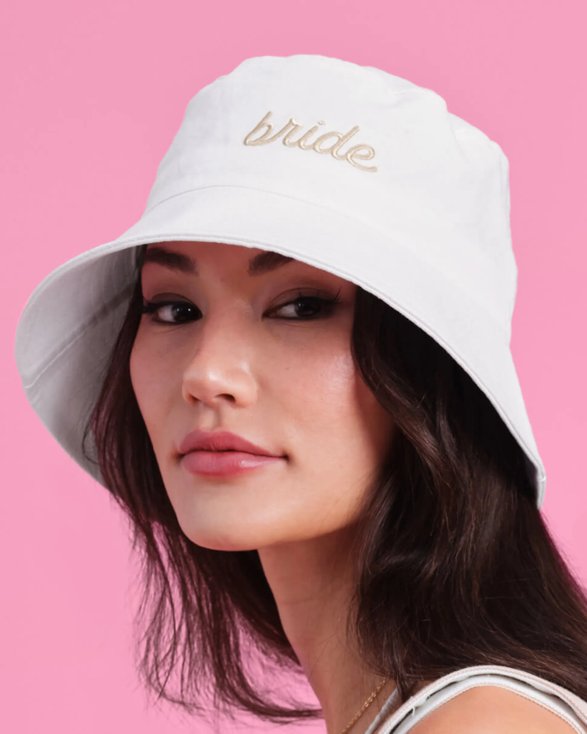 Beige Bride Bucket Hat - Embroidered Cotton Hat