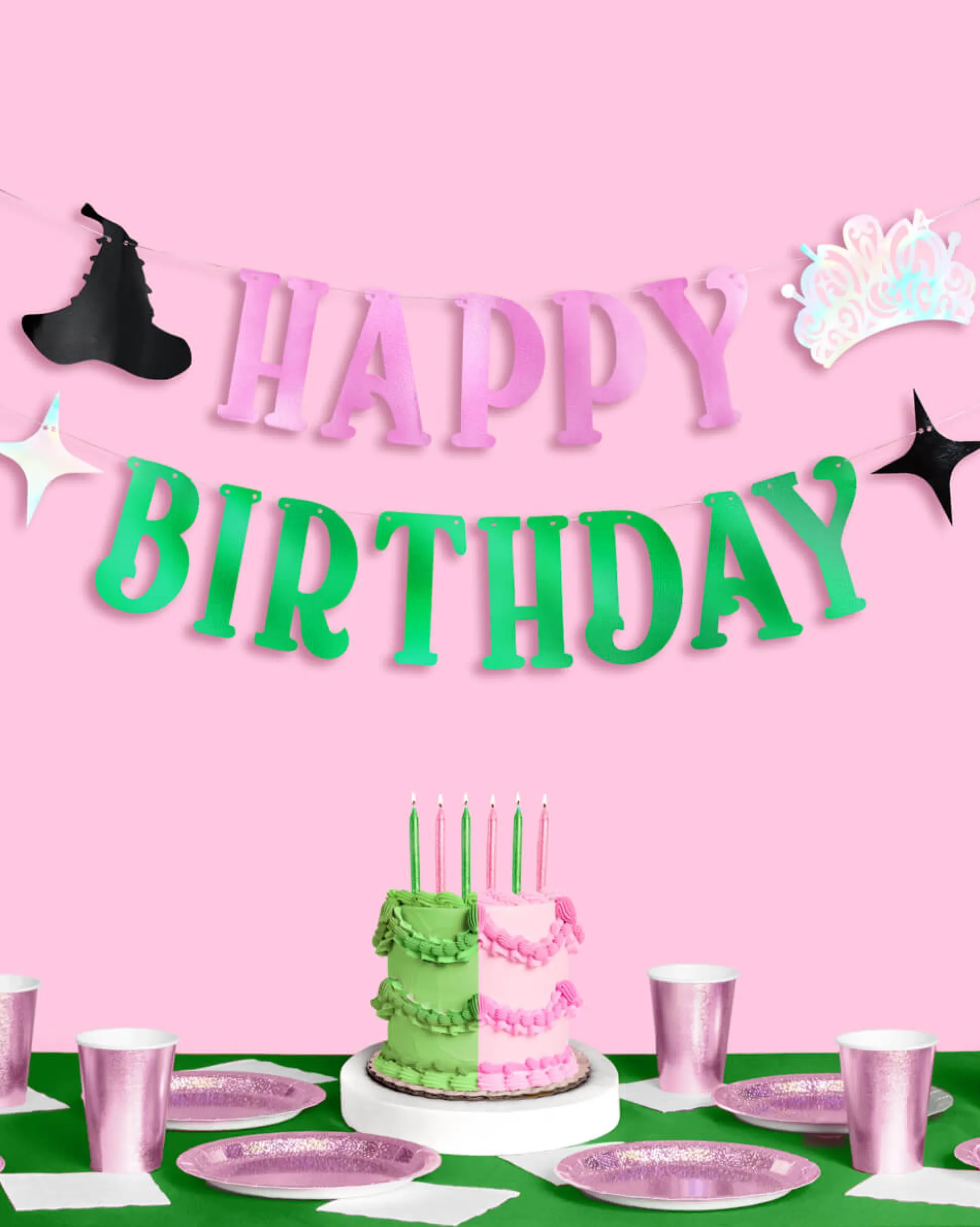 Birthday Witch Banner - pink + green foil banner
