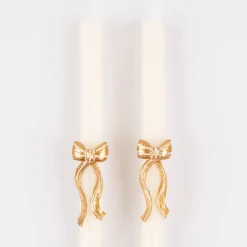 Gold Stripy Bow Table Candles, Pack of 2