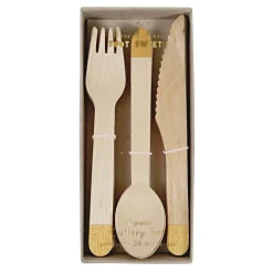 Gold Wooden Cutlery Set, Pack of 24