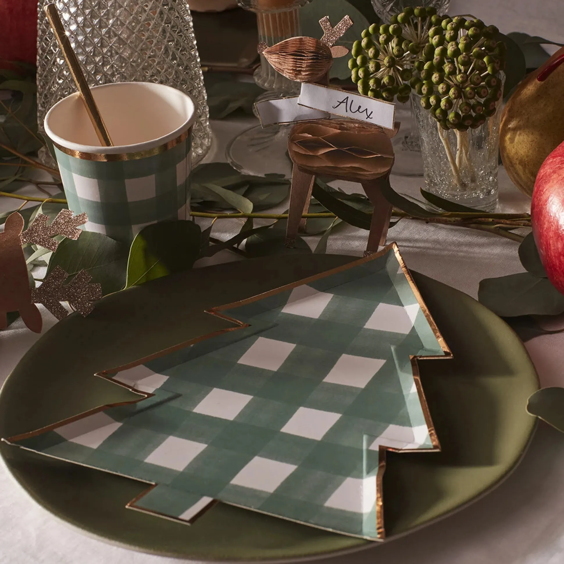 Green Gingham Tree Plates, Pack of 8