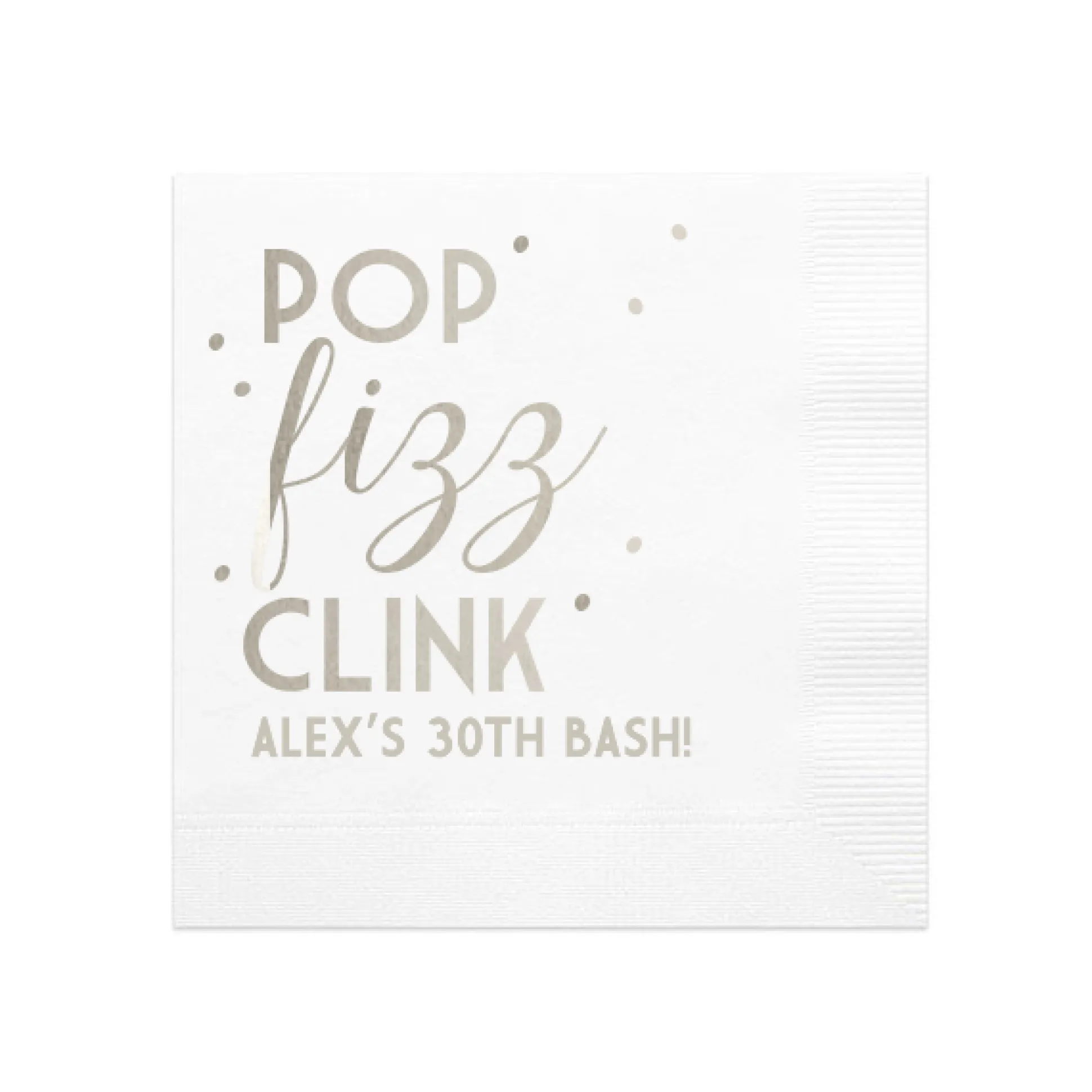 Pop Fizz Clink Personalized Cocktail Napkin, Silver Foil