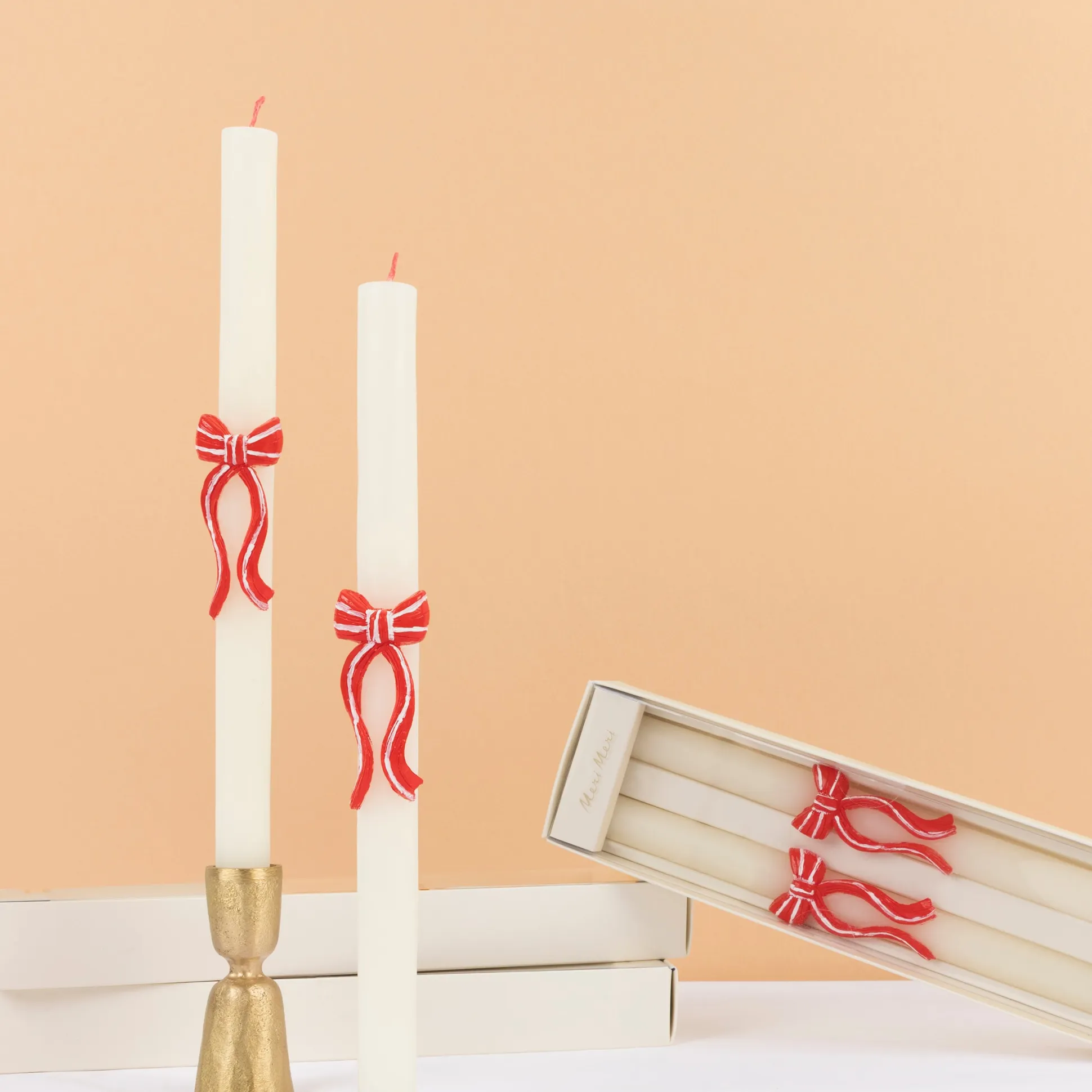 Red Stripy Bow Table Candles, Pack of 2