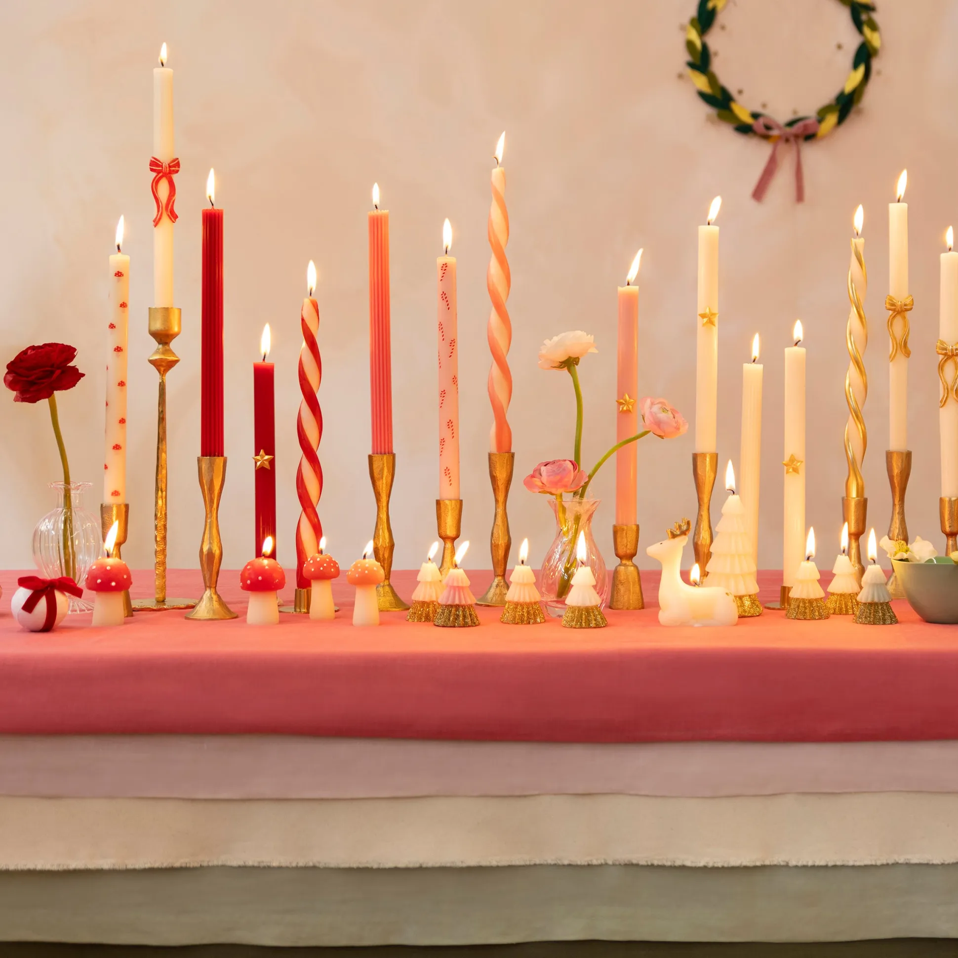 Red Stripy Bow Table Candles, Pack of 2