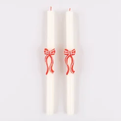 Red Stripy Bow Table Candles, Pack of 2