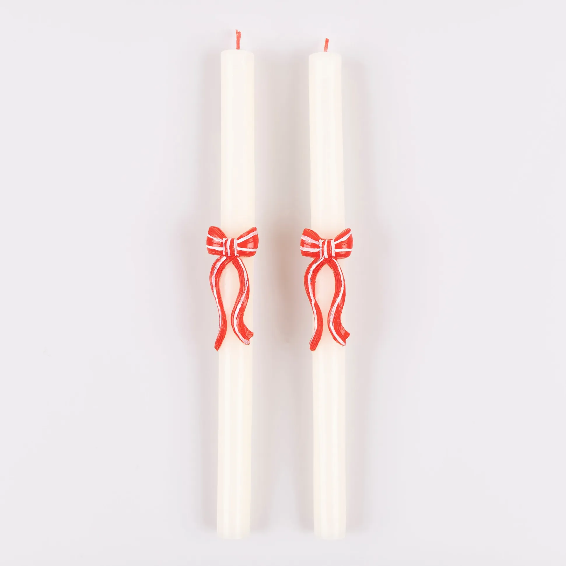 Red Stripy Bow Table Candles, Pack of 2