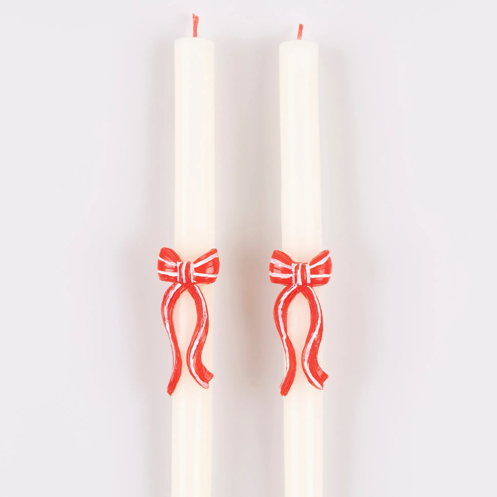 Red Stripy Bow Table Candles, Pack of 2