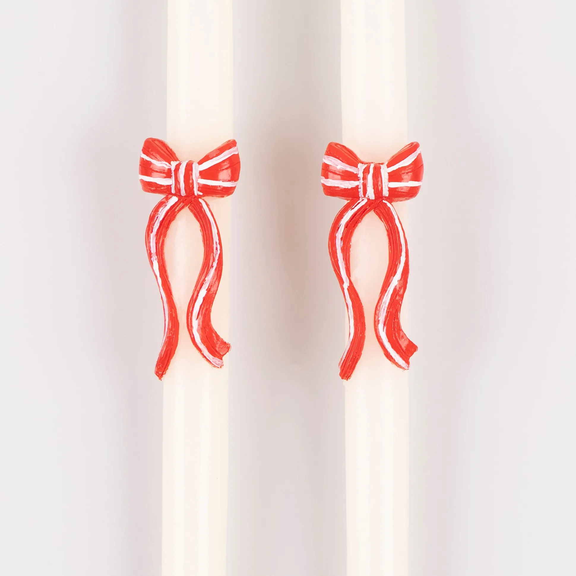 Red Stripy Bow Table Candles, Pack of 2