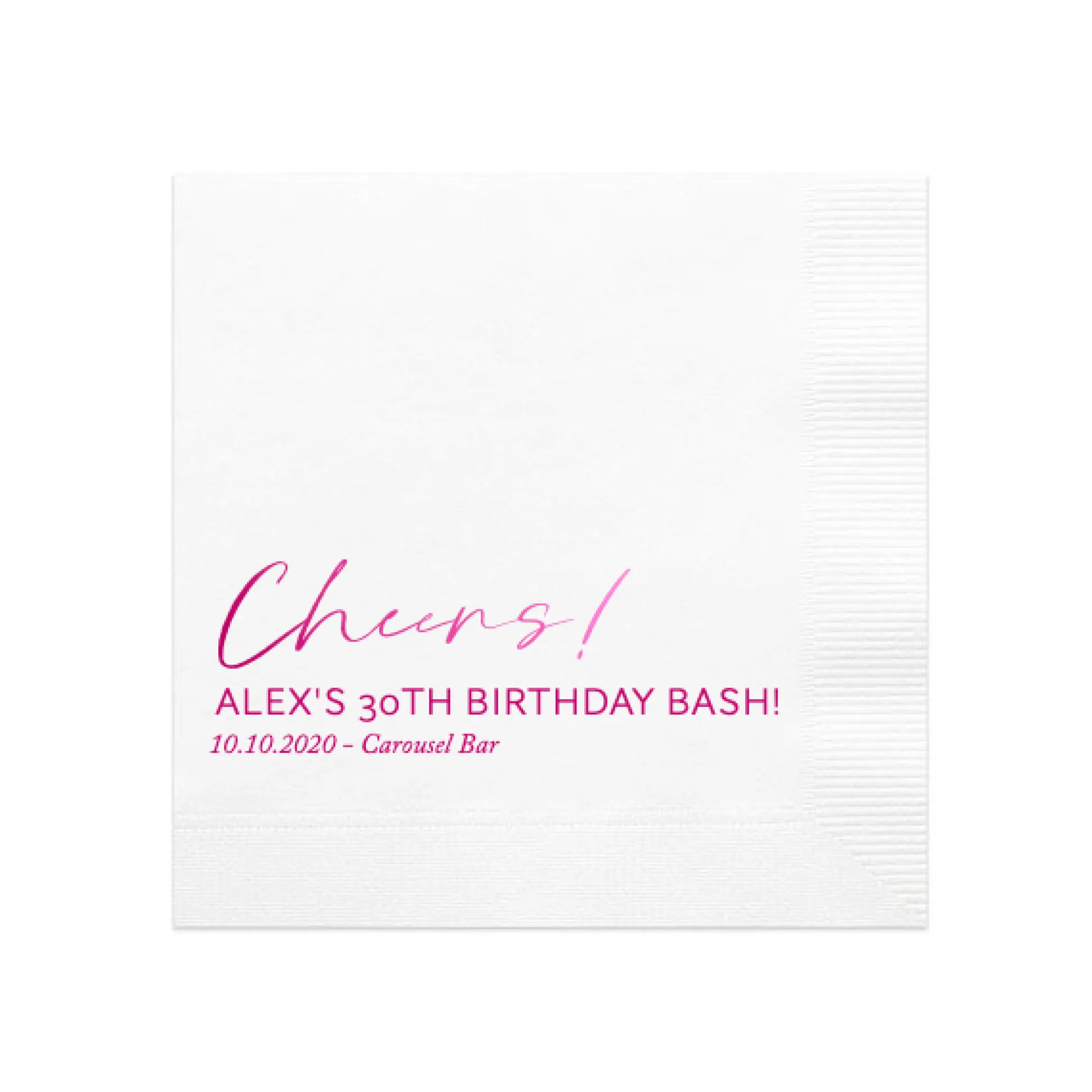 Script Cheers Custom Cocktail Napkin, Fuchsia Foil