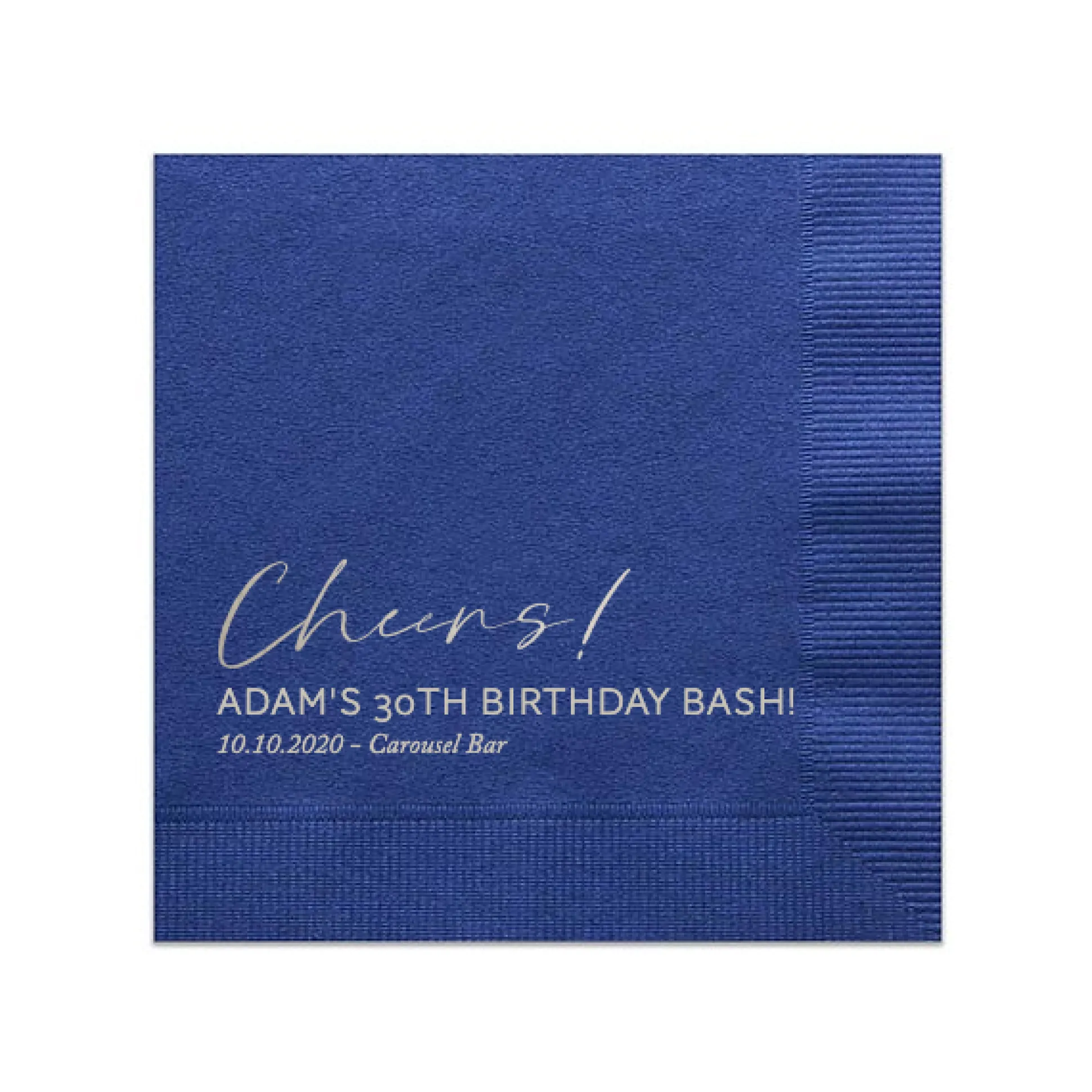 Script Cheers Custom Cocktail Napkin, Silver Foil