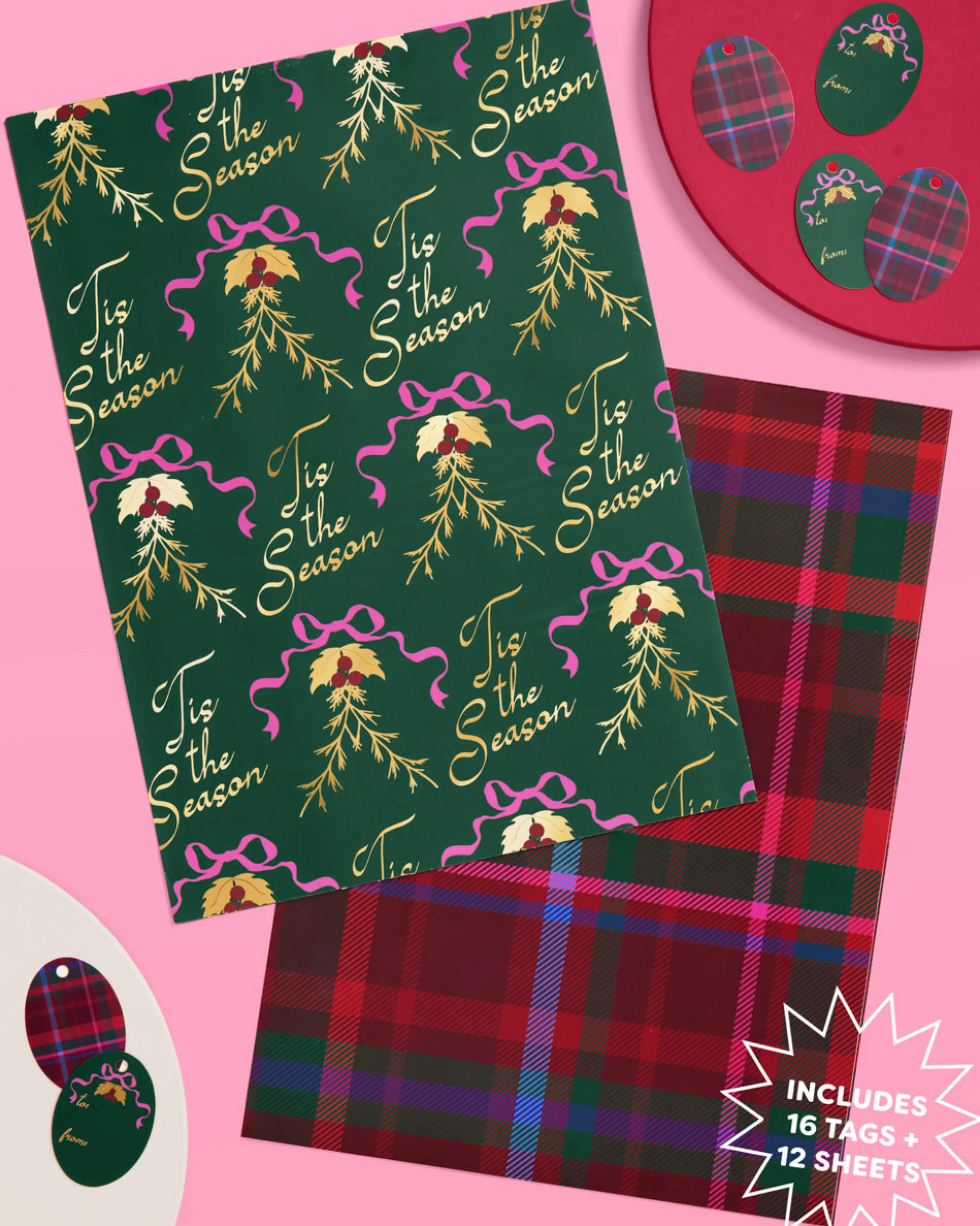 Tis the Season Wrapping Paper - 12 sheets + 16 tags